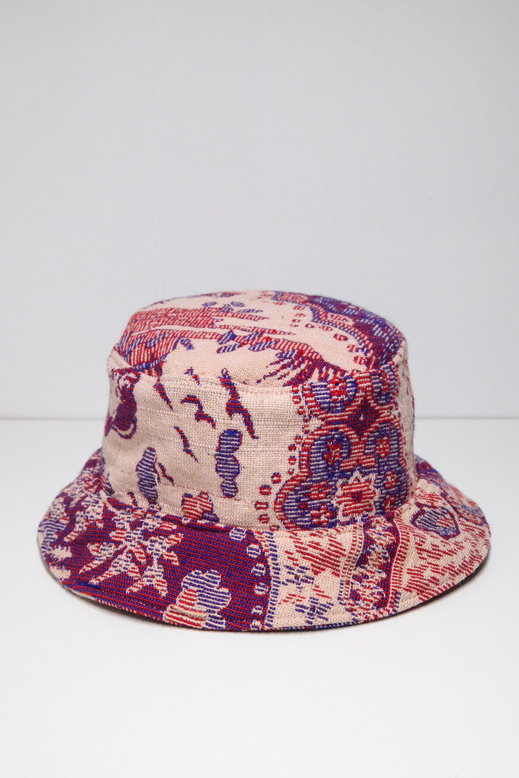 Upcycled bucket hat woven fabric blanket with retro pattern custom design, beige violet and purple