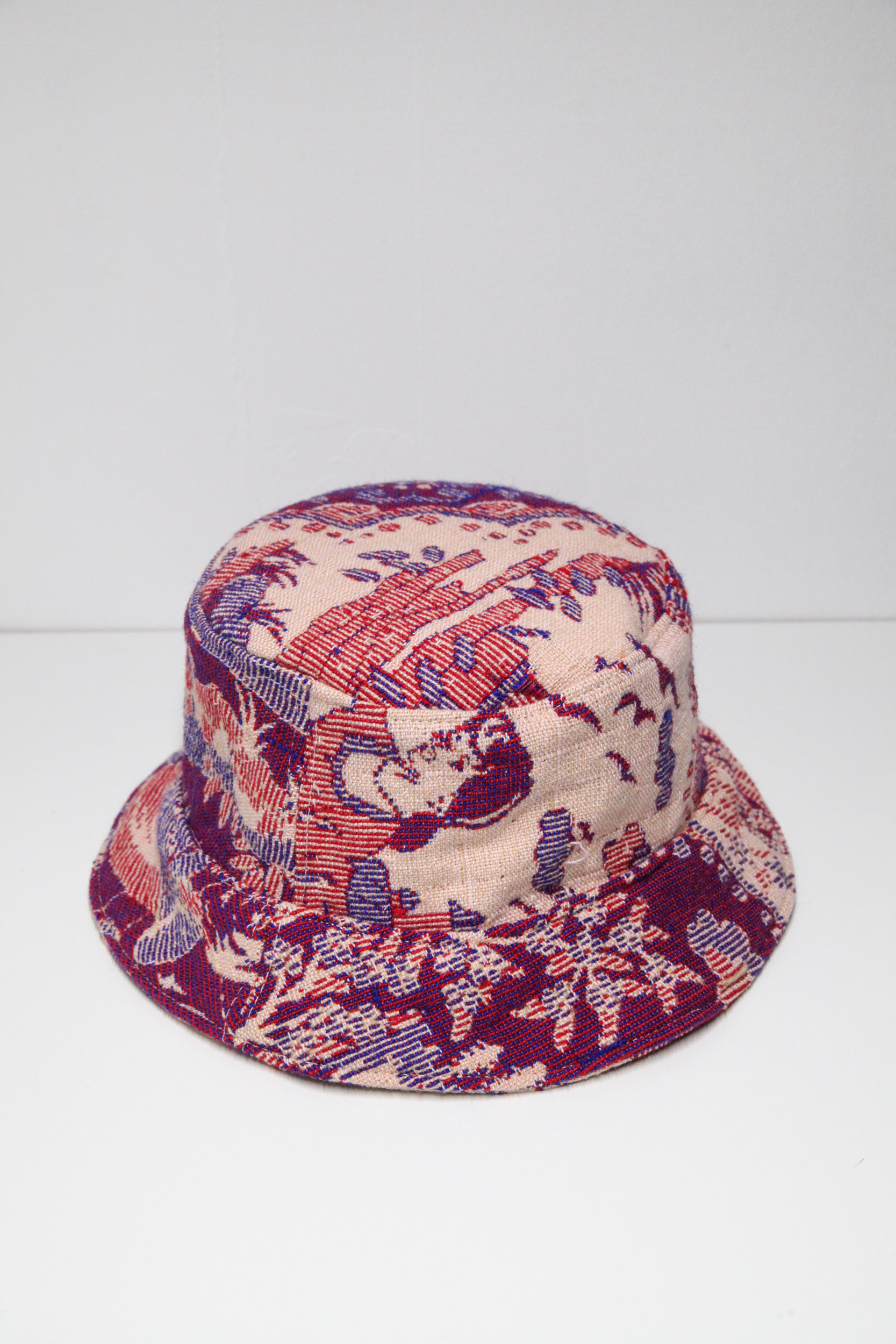 Upcycled bucket hat woven fabric blanket with retro pattern custom design, beige violet and purple