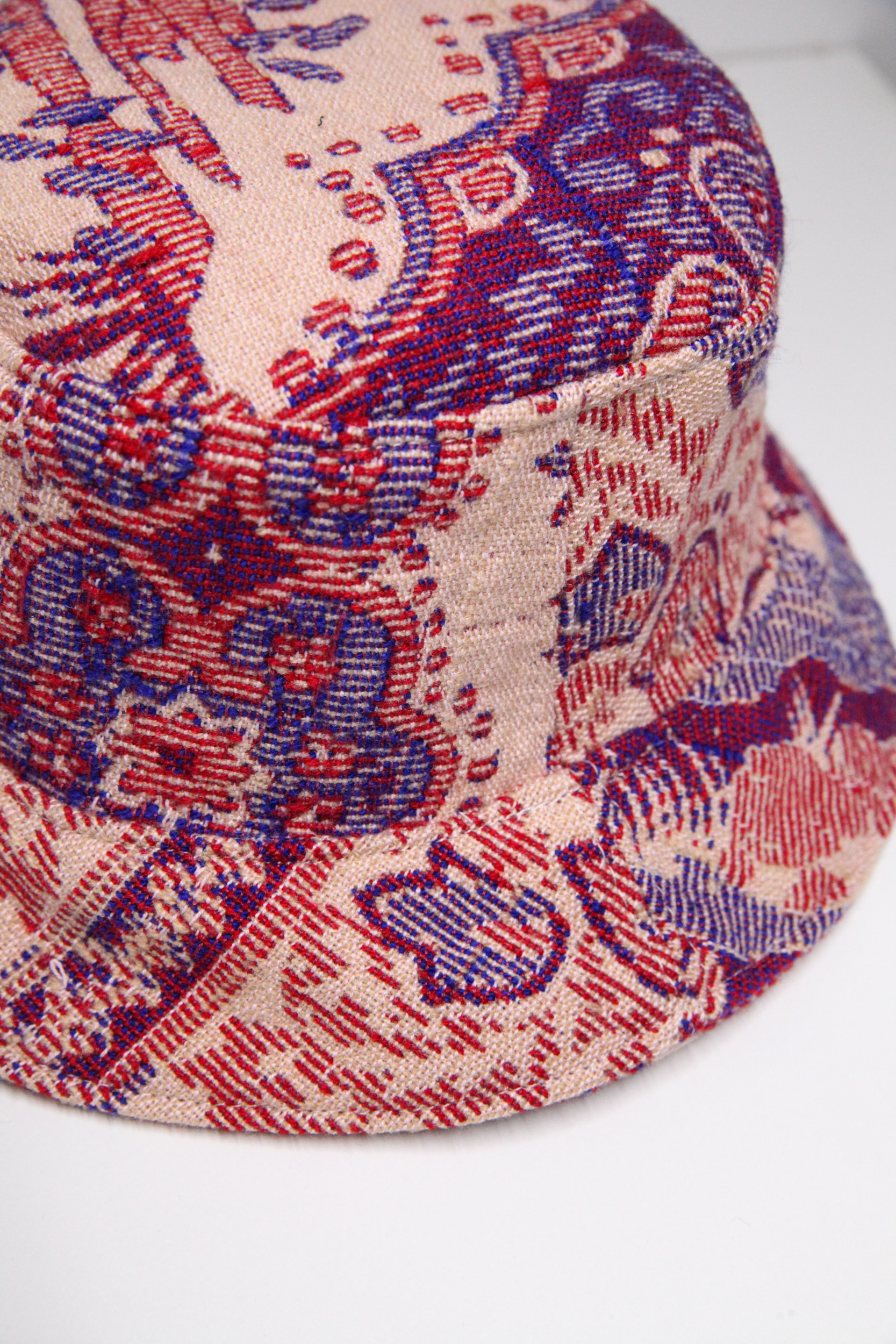 Upcycled bucket hat woven fabric blanket with retro pattern custom design, beige violet and purple