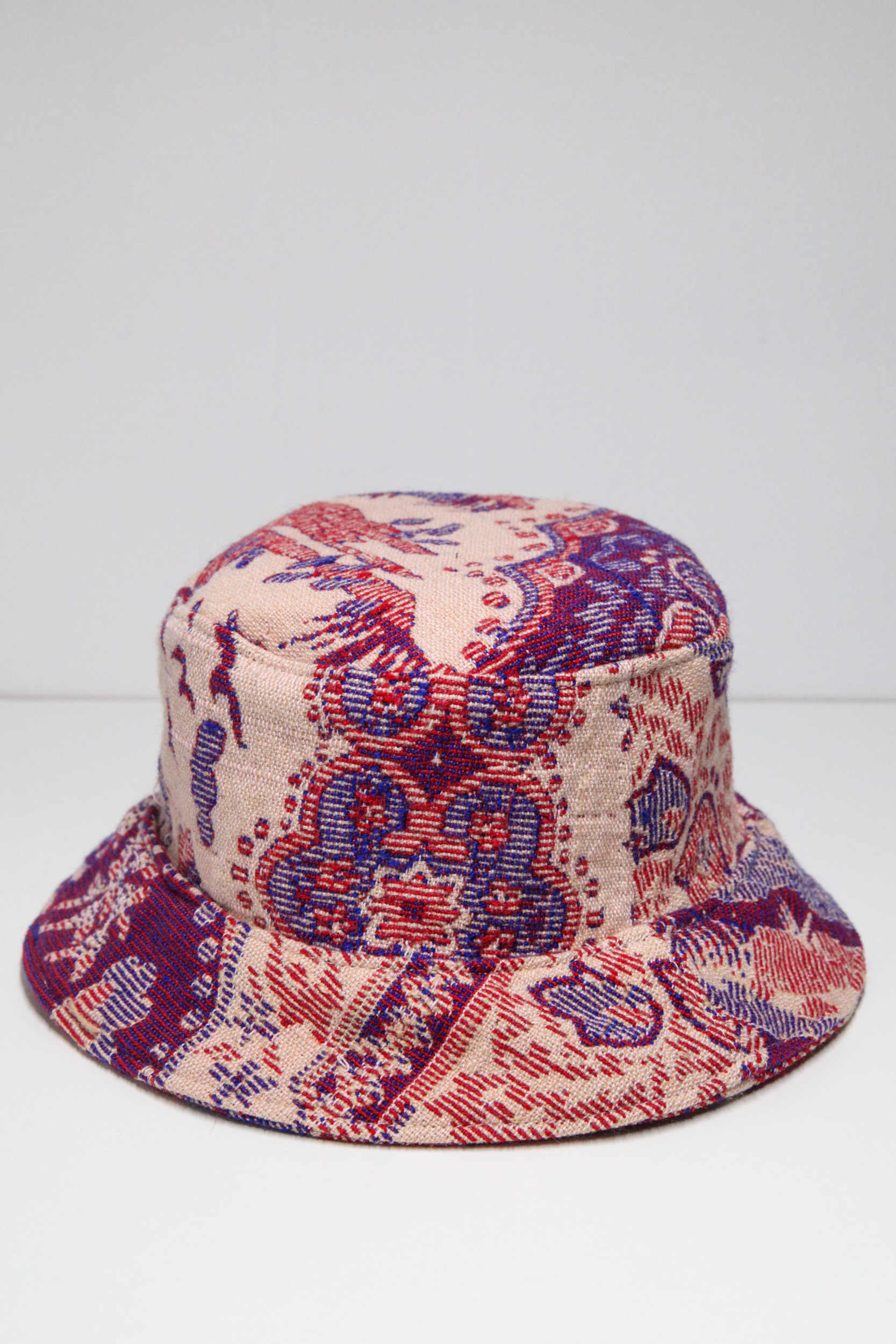 Upcycled bucket hat woven fabric blanket with retro pattern custom design, beige violet and purple