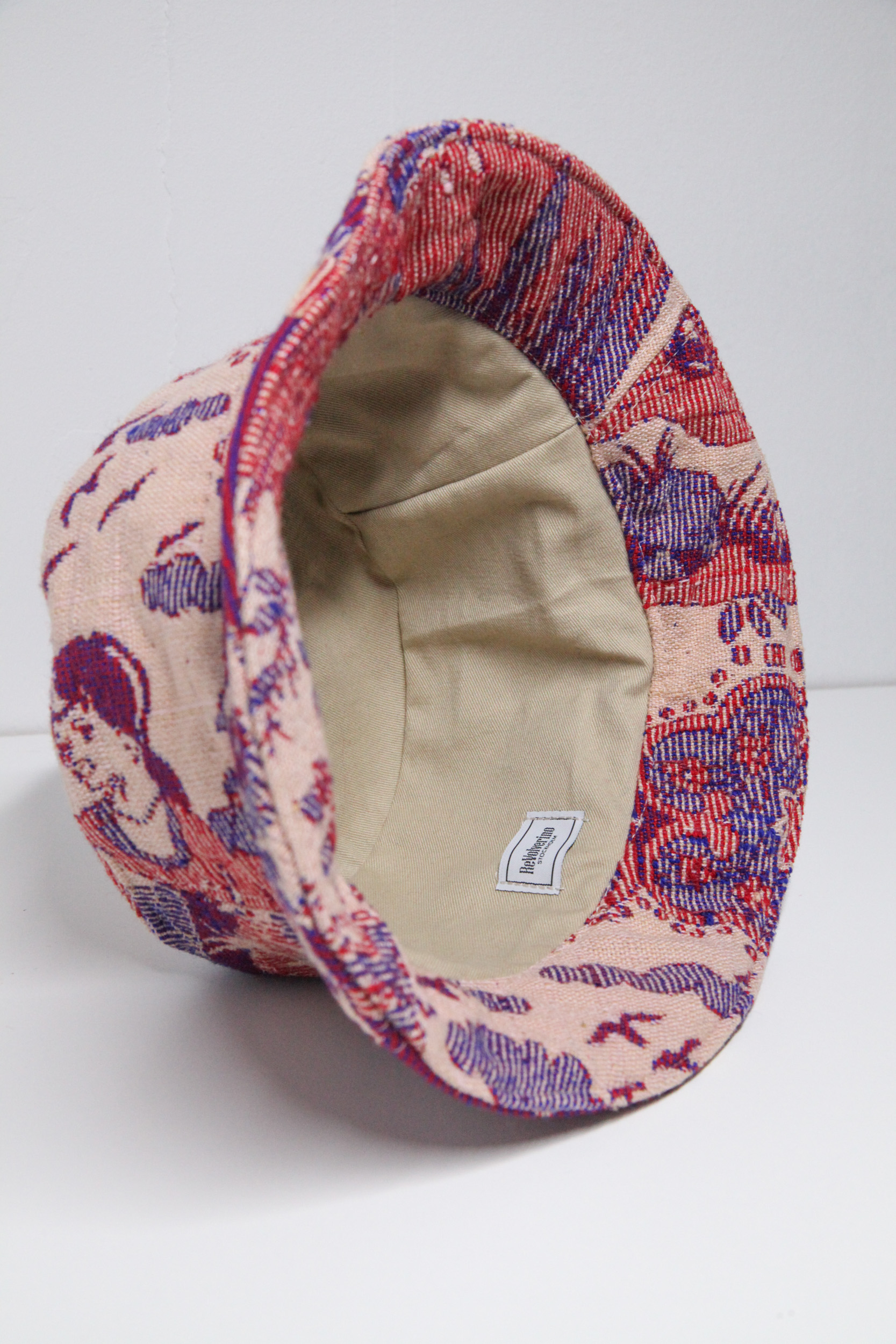 Upcycled bucket hat woven fabric blanket with retro pattern custom design, beige violet and purple