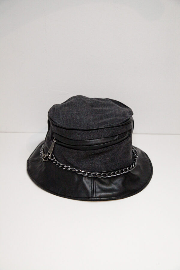 Black and grey bucket hat with zip pocket