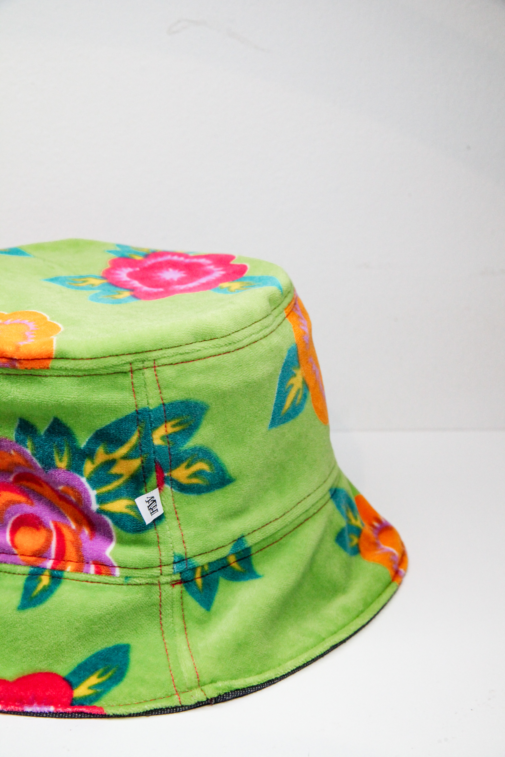 Light green velvet bucket hat with flower pattern spring