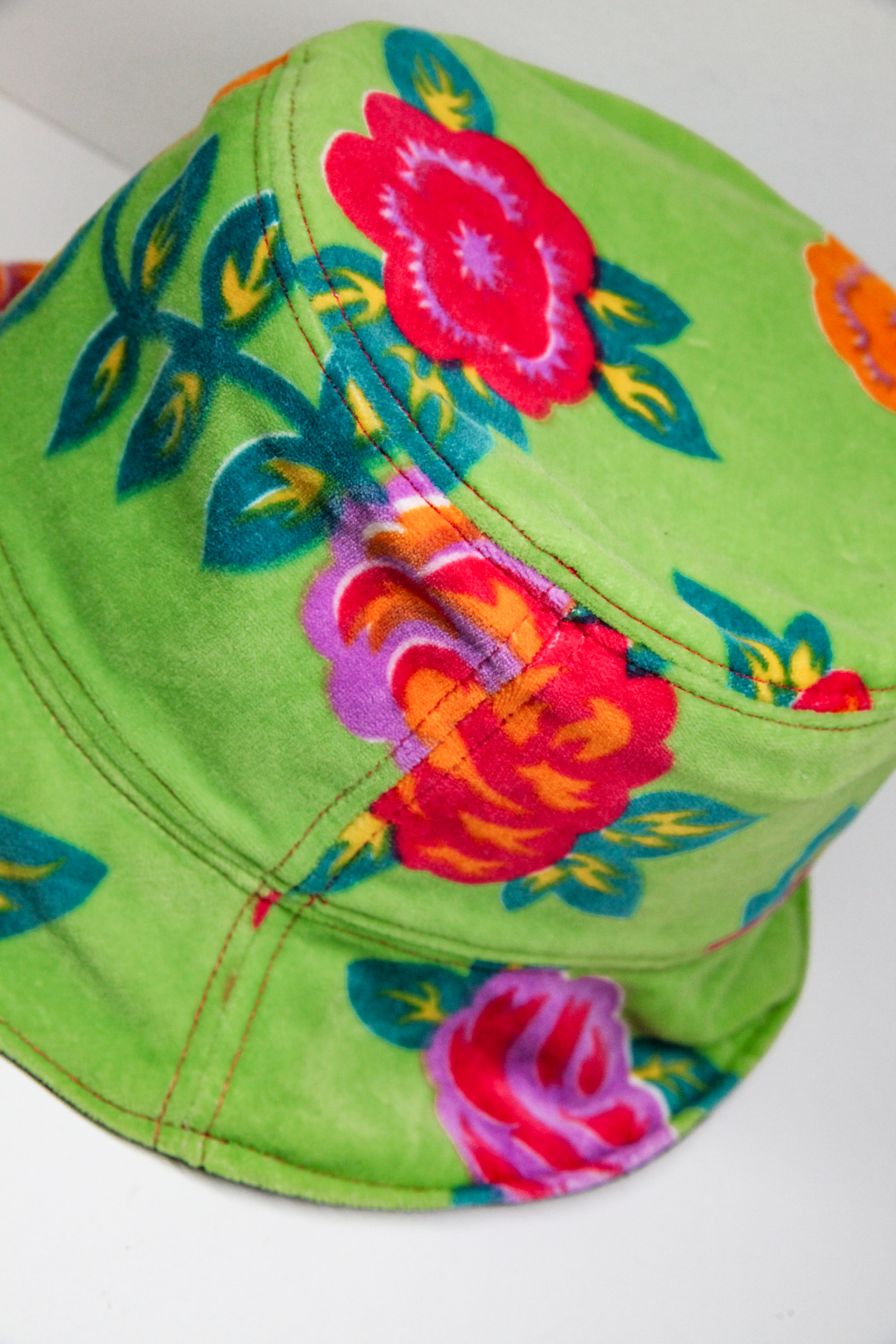 Light green velvet bucket hat with flower pattern spring