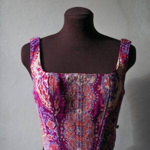 Corset top made of fabric with vintage pink, red and purple print