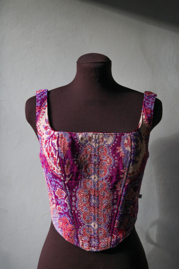 Corset top made of fabric with vintage pink, red and purple print