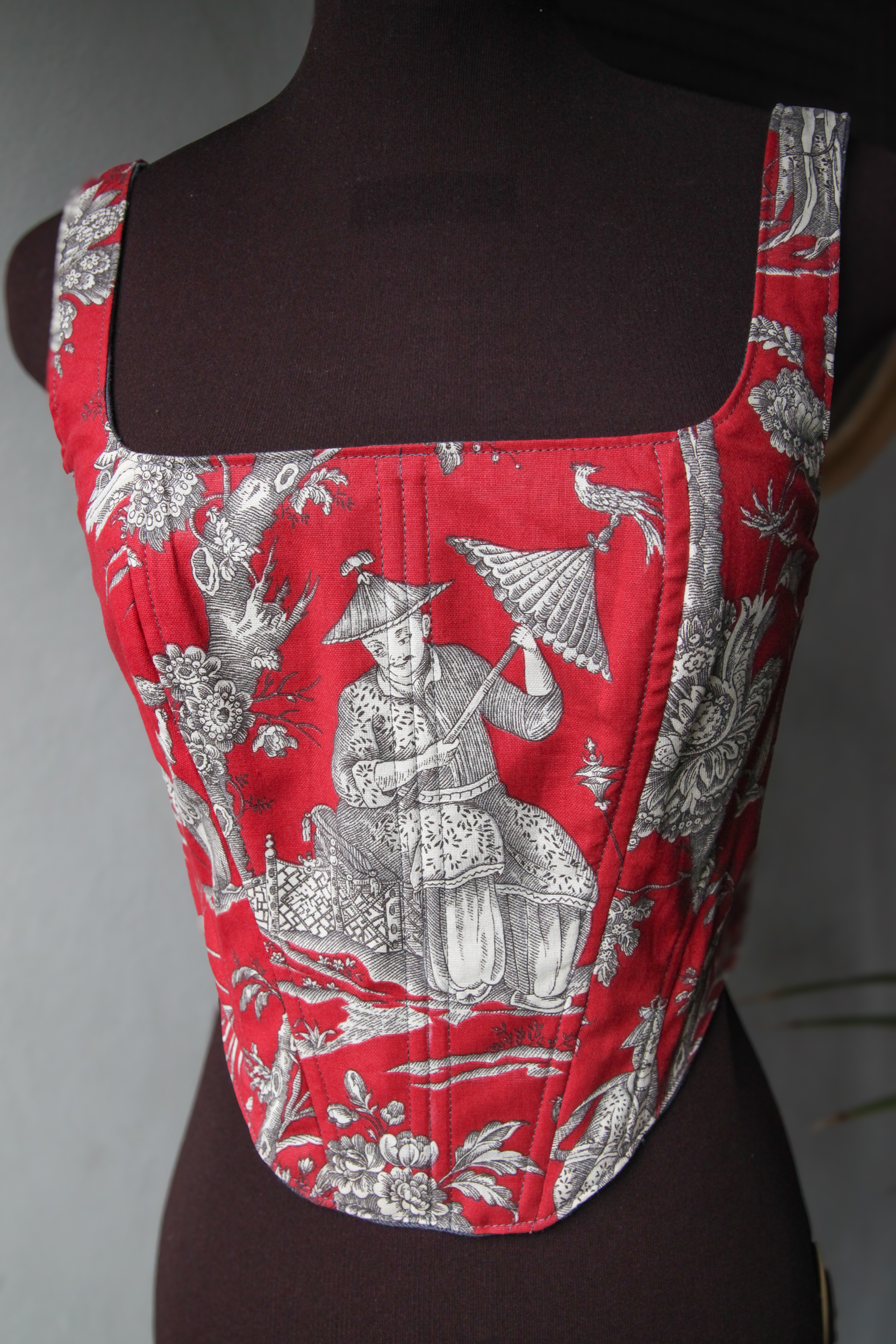 Dark red/ burgundy corset top with vintage chinese print, upcycled