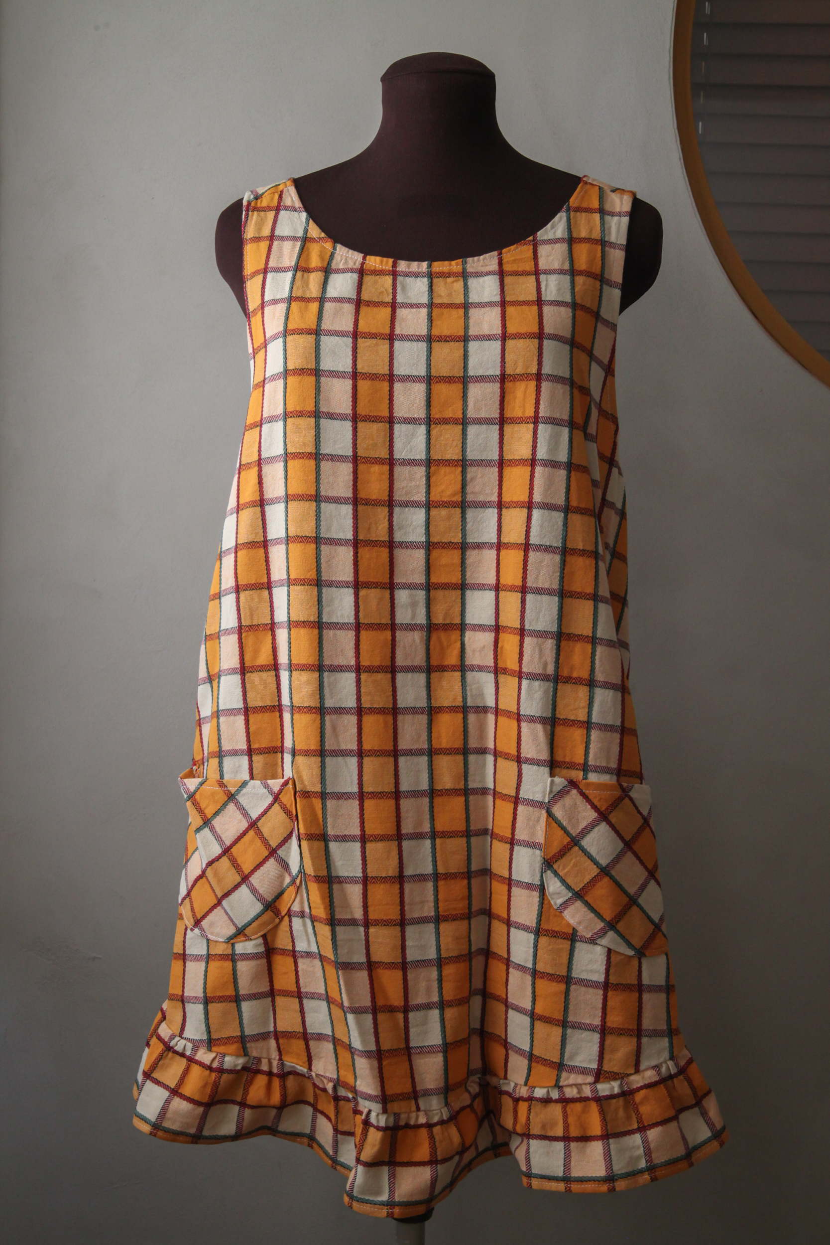 Cottage everyday dress apron sustainable yellow check