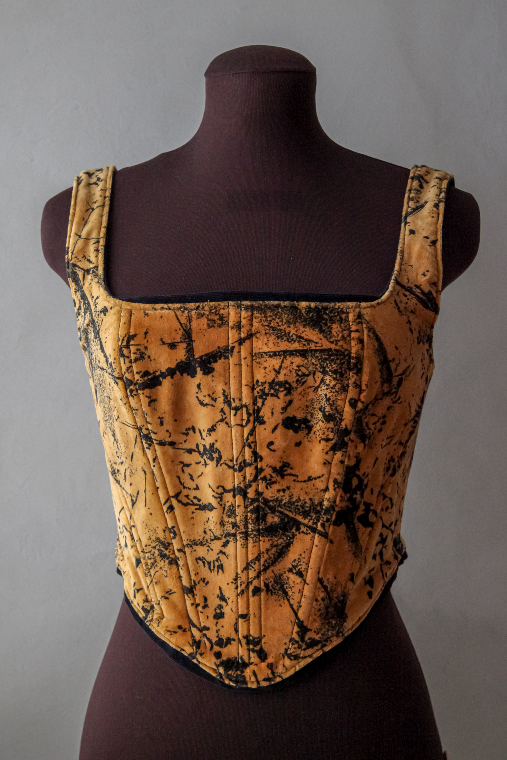 Velvet corset top, black and brown pattern, upcycled with black satin lacing on back