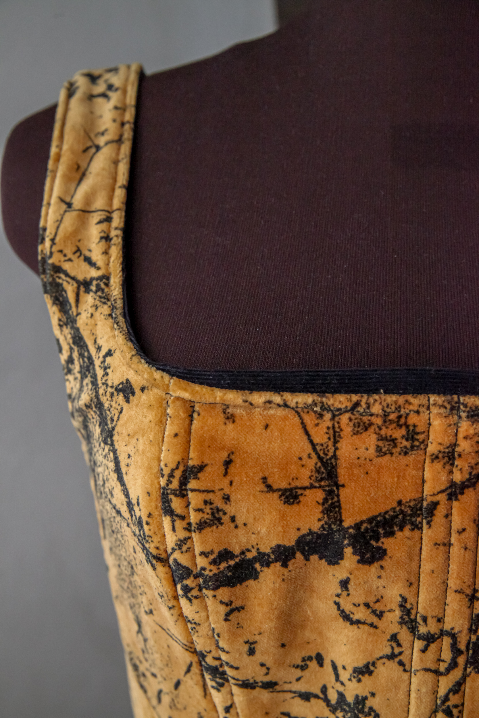 Velvet corset top, black and brown pattern, upcycled with black satin lacing on back