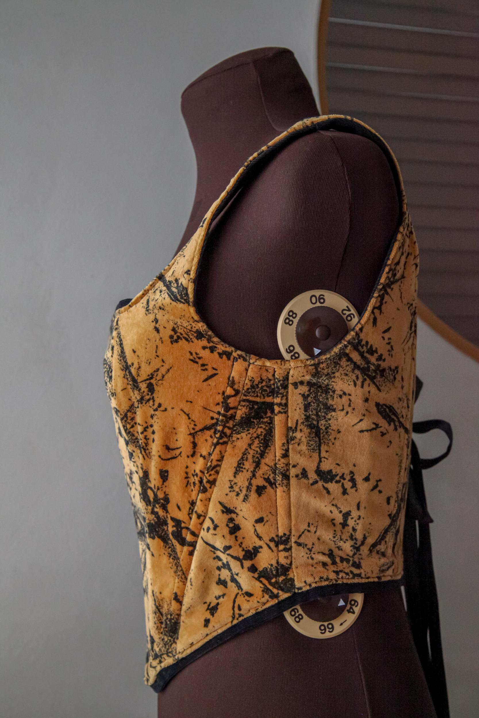 Velvet corset top, black and brown pattern, upcycled with black satin lacing on back