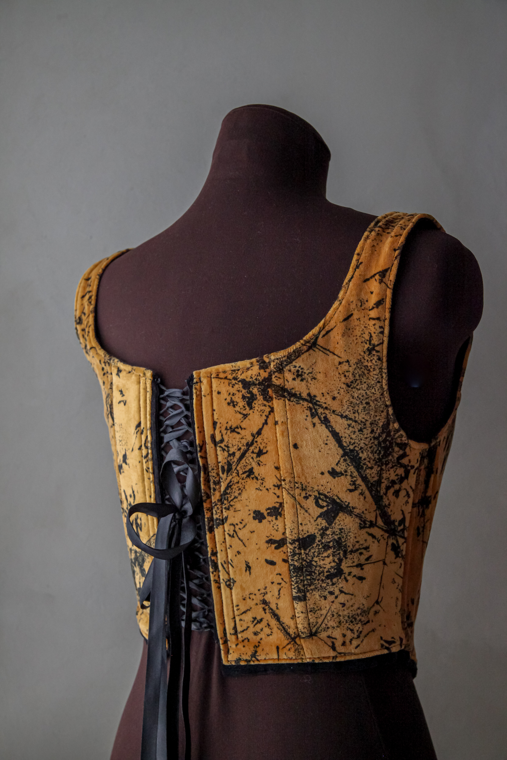 Velvet corset top, black and brown pattern, upcycled with black satin lacing on back