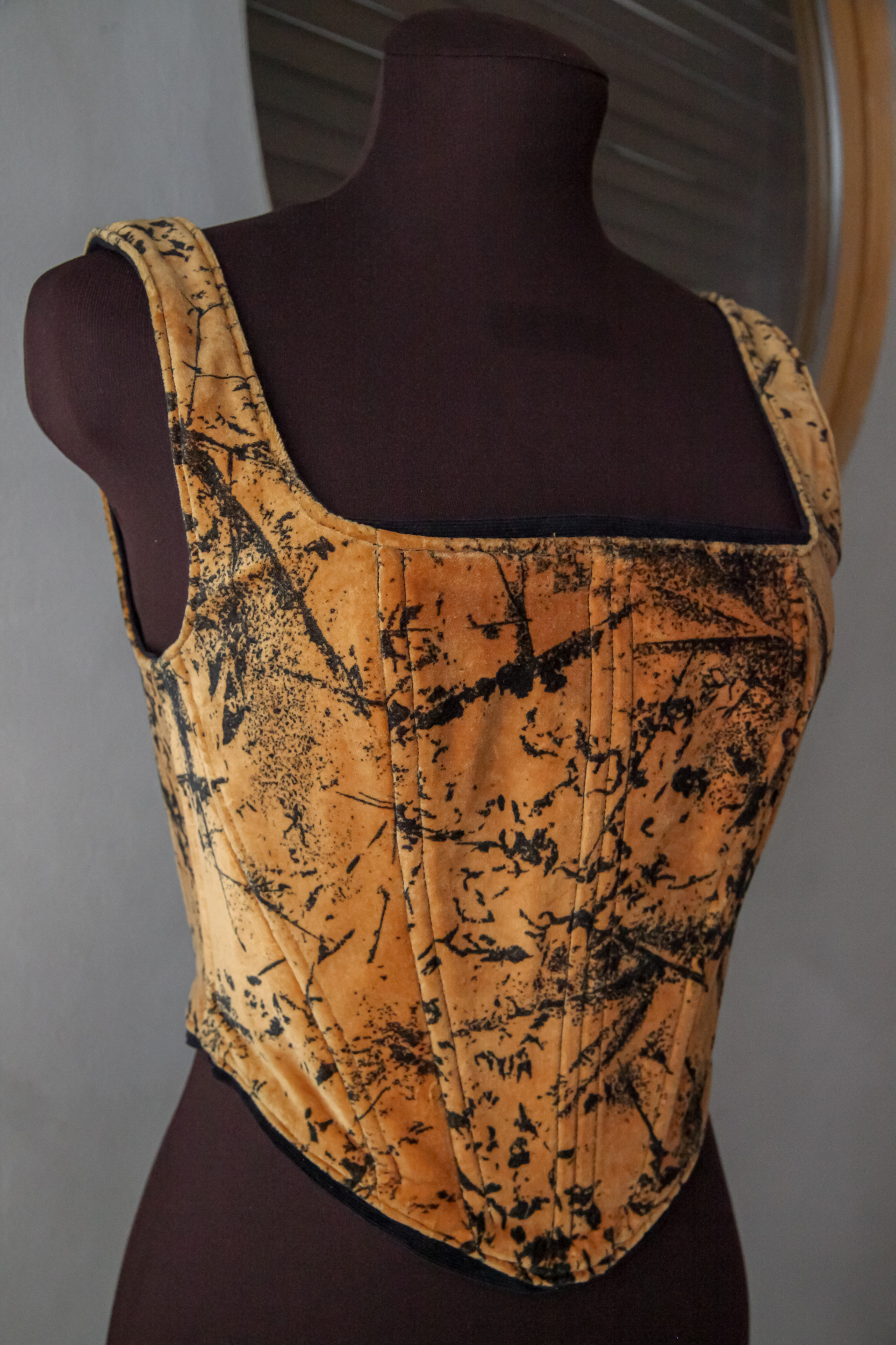 Velvet corset top, black and brown pattern, upcycled with black satin lacing on back