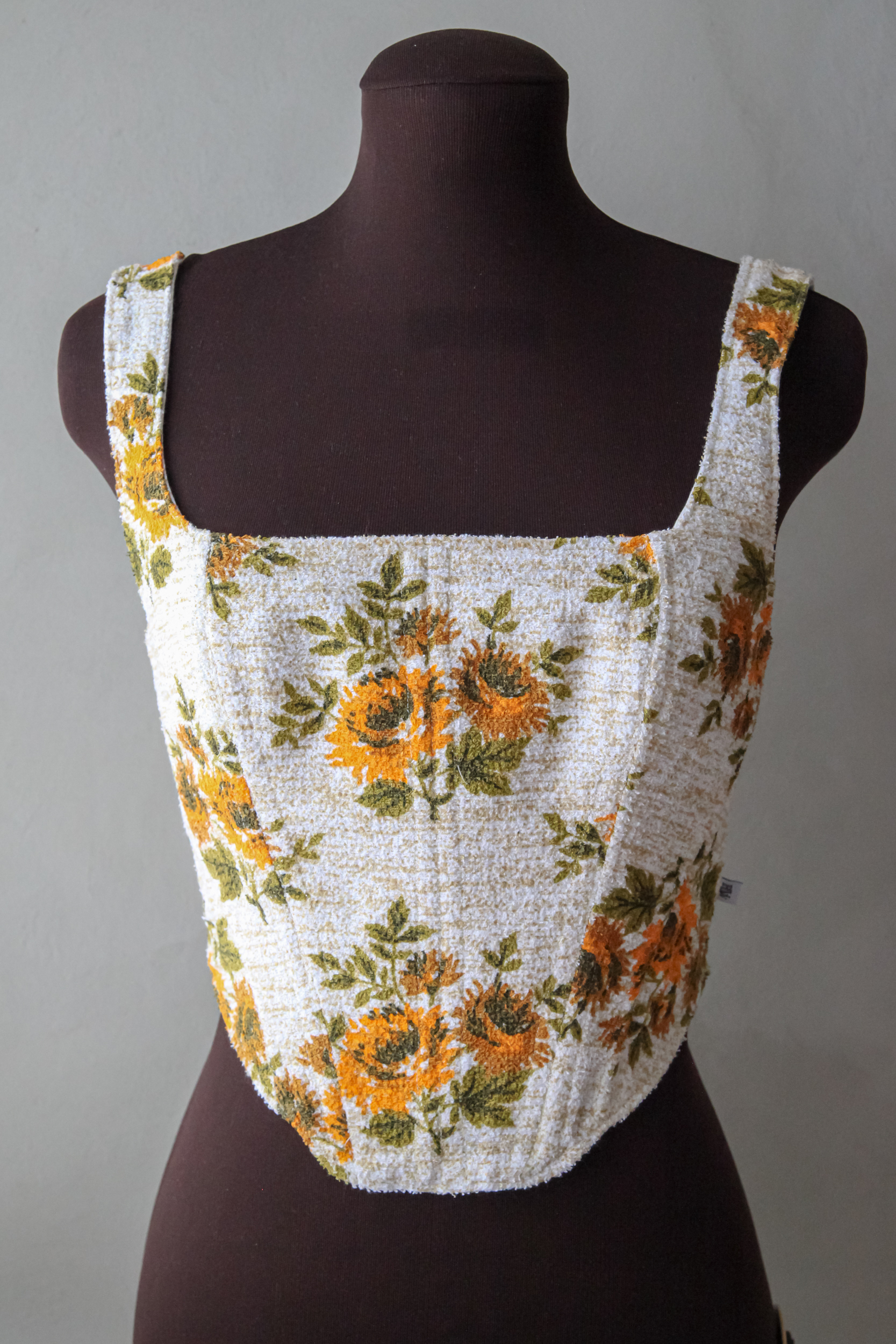 Upcycled terry corset top with sunflowers print, beige and orange