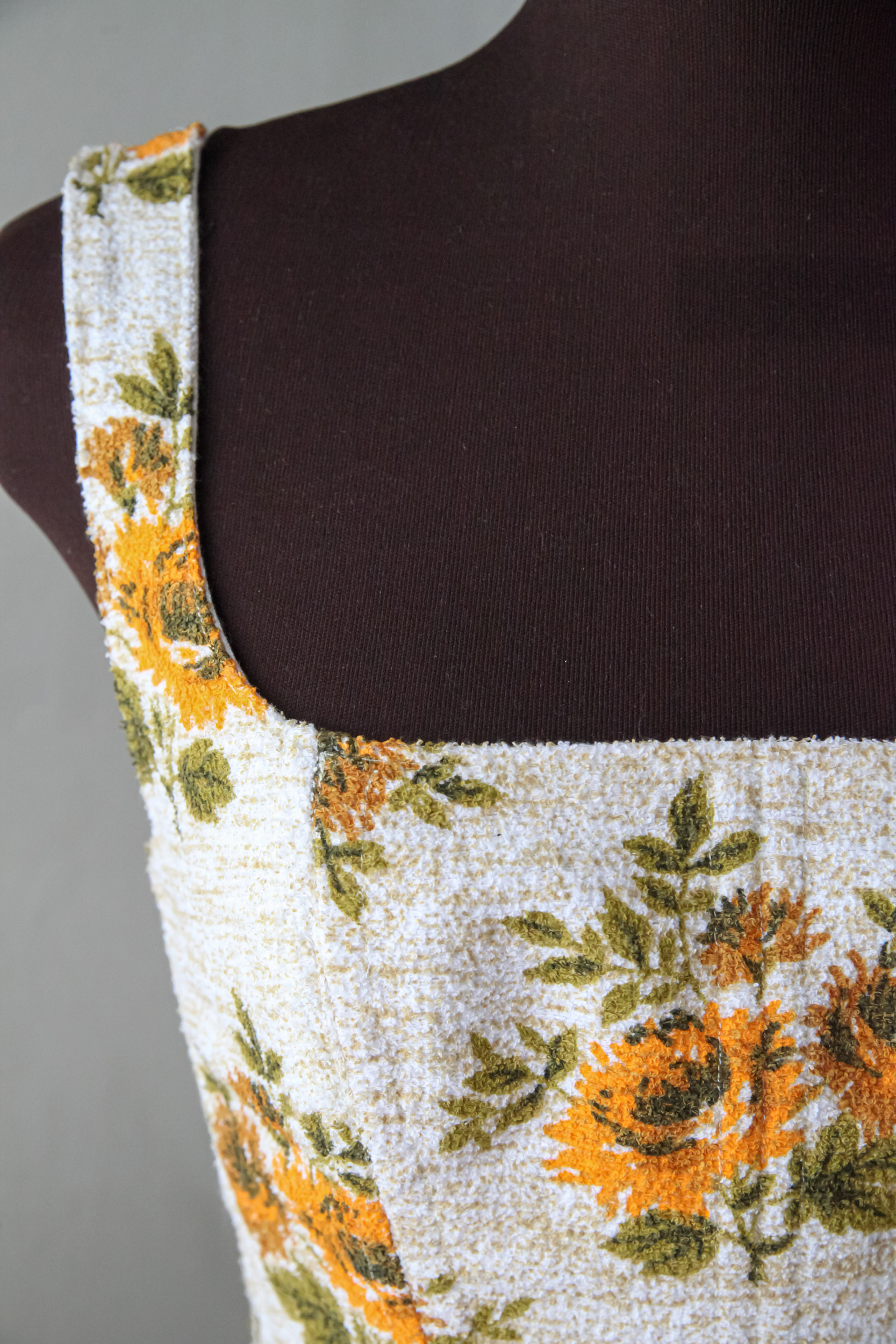 Upcycled terry corset top with sunflowers print, beige and orange