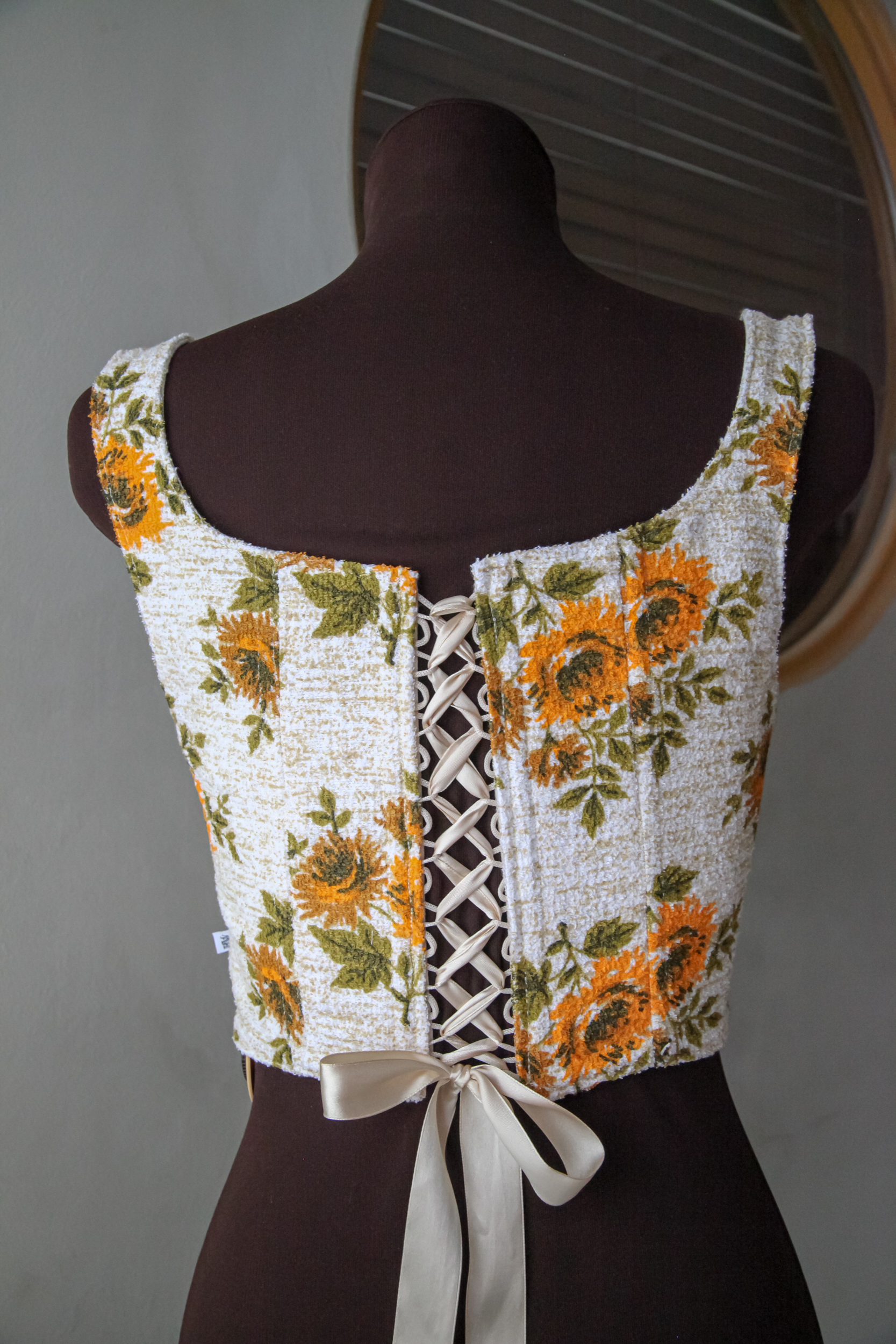 Upcycled terry corset top with sunflowers print, beige and orange