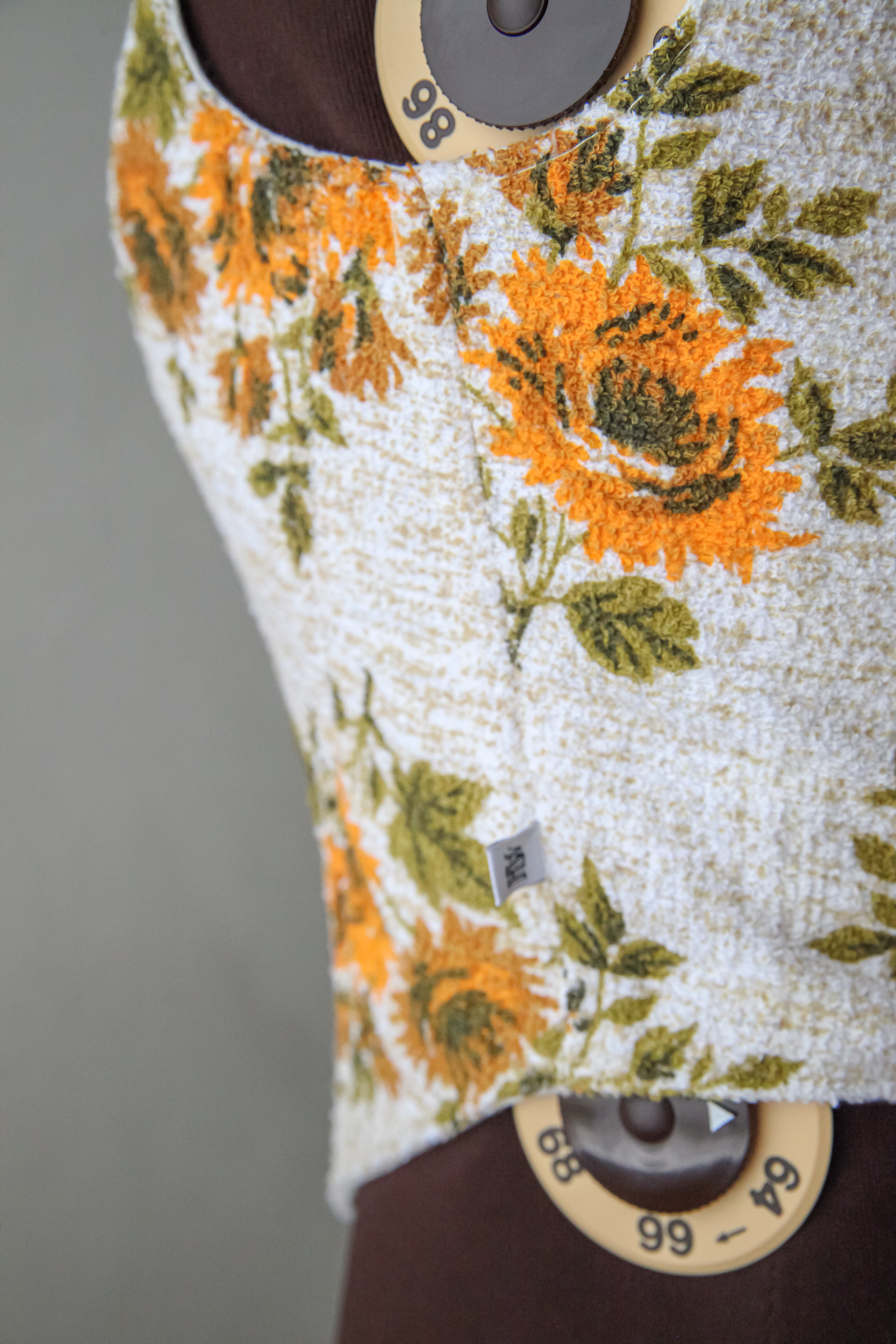 Upcycled terry corset top with sunflowers print, beige and orange