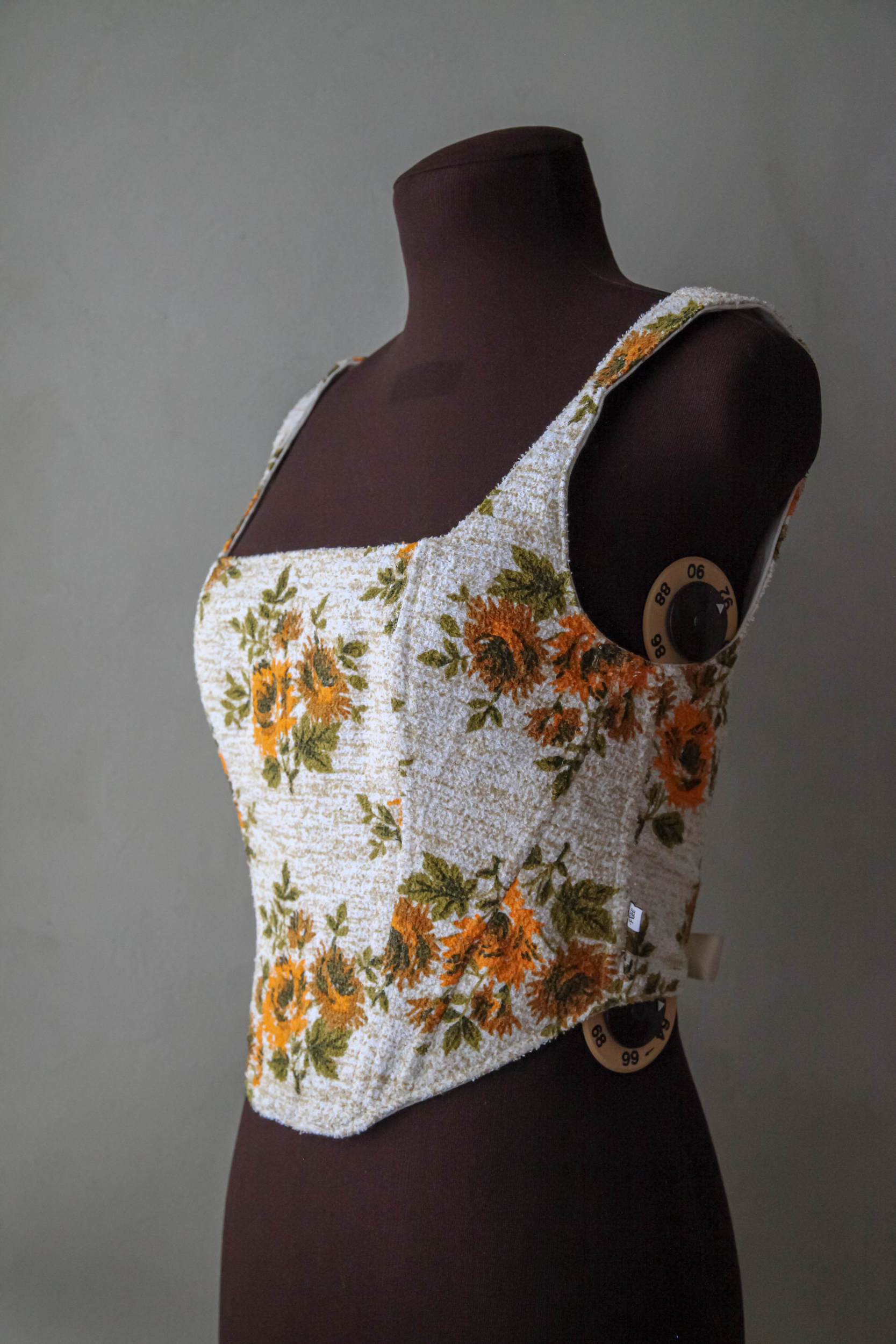 Upcycled terry corset top with sunflowers print, beige and orange