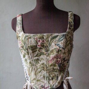 Corset top retro jungle pattern with tropical birds and flowers with satin lacing on both sides