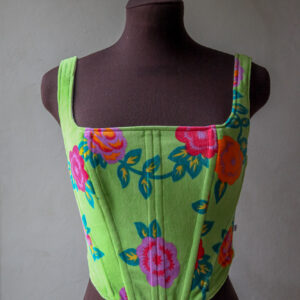 Upcycled velvet corset top light green with vintage floral pattern