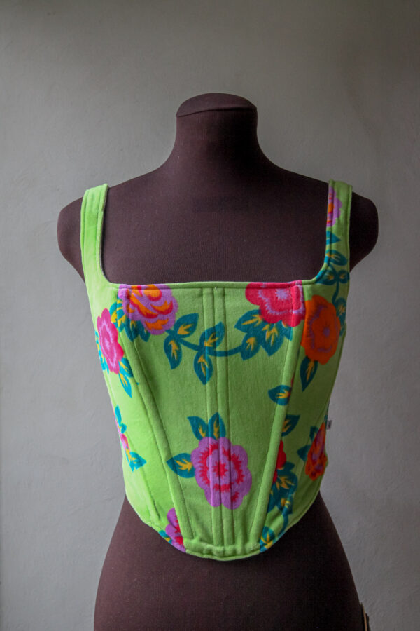 Velvet corset top with vivid floral pattern