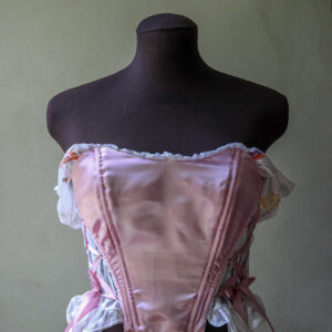 Classical pink satin corset top with frill and hanging straps sustainable