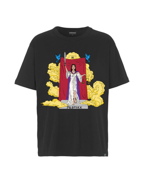 Eco certified t-shirt with big print with Justice inspired by tarot