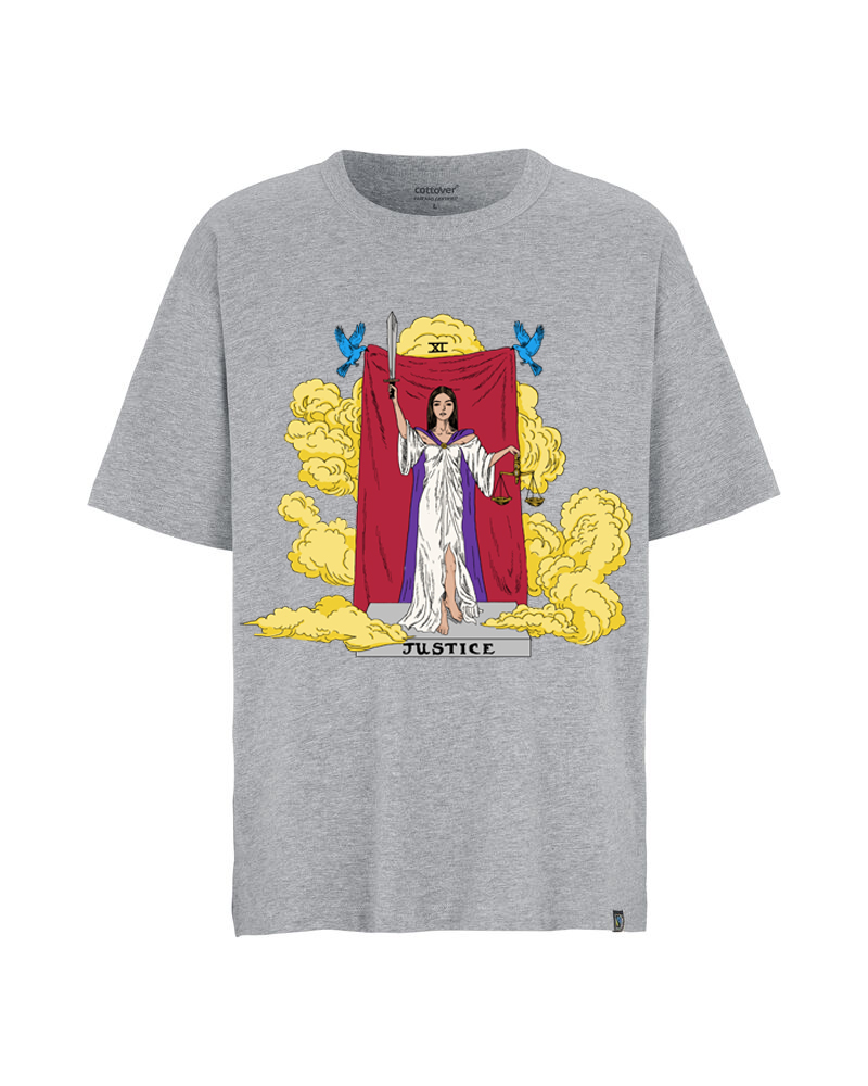 Eco certified t-shirt with big print with Justice inspired by tarot